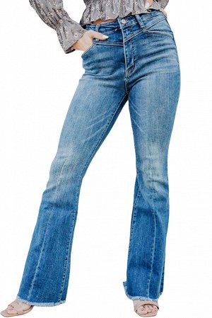 Sky Blue Seamed Raw Hem High Rise Flare Jeans