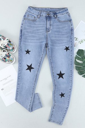 Sky Blue Star Pattern Skinny Jeans