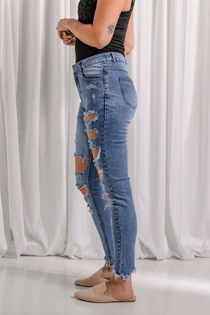 Blue Distressed Slits Holes Frayed Jeans