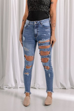 Blue Distressed Slits Holes Frayed Jeans