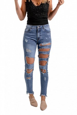 Blue Distressed Slits Holes Frayed Jeans