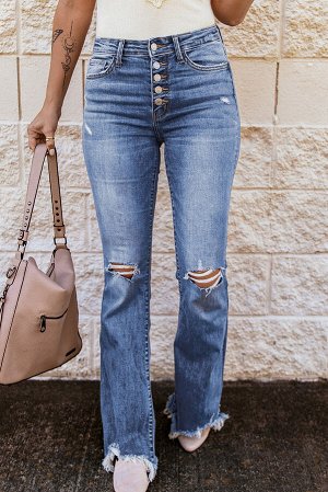 Light Blue High Waist Raw Hem Buttons Ripped Flare Jeans