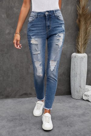 Blue Skinny Raw Hem Distressed High Waist Jeans