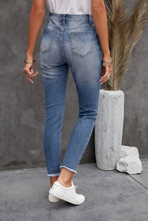 Blue Skinny Raw Hem Distressed High Waist Jeans