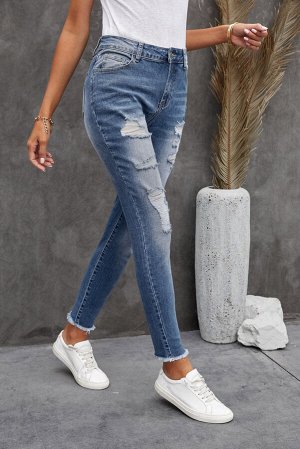 Blue Skinny Raw Hem Distressed High Waist Jeans