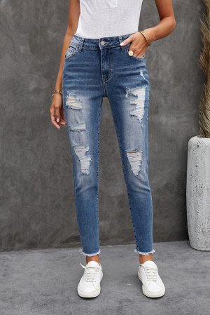 Blue Skinny Raw Hem Distressed High Waist Jeans