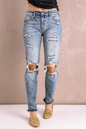 Sky Blue Distressed Faded Splatter Denim Pants