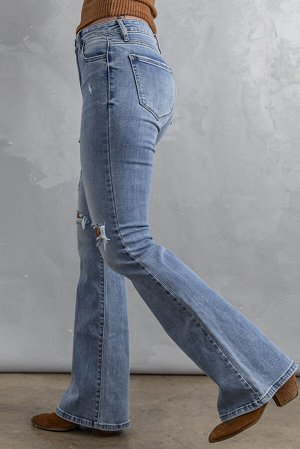 Blue Wash Knee Slits Ripped Flare Jeans