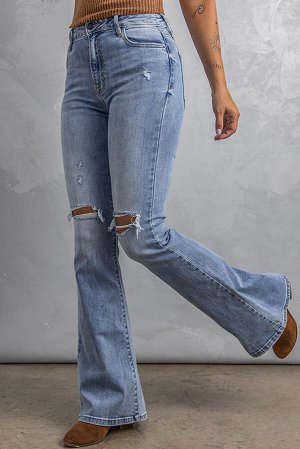 Blue Wash Knee Slits Ripped Flare Jeans