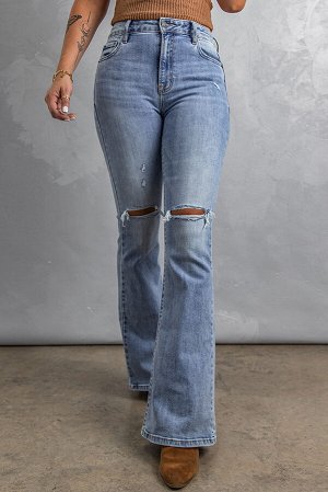 Blue Wash Knee Slits Ripped Flare Jeans