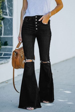 Black Casual Ripped Cut Out Flare Jeans