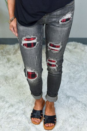 Plaid Patch Destroyed Skinny Gray Jeans