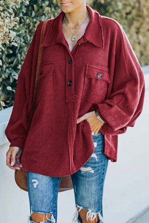 Красный лонгслив-поло с карманами и пуговицами