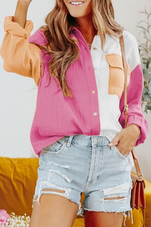 Розовая текстурированная рубашка в стиле колорблок и нагрудным карманом
