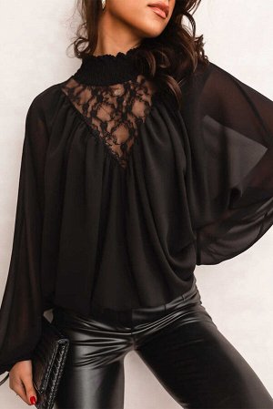 Черная шифоновая блузка с кружевными вставками и воротником-стойка