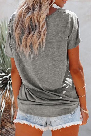 Gray Solid Pocket Front Scoop Neck Short Sleeve T-shirt