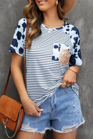 Cow Striped Sequined Splicing Pocket Short Sleeve Top