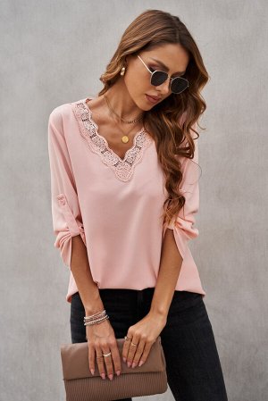 Pink Lace V Neck 3/4 Sleeves Blouse