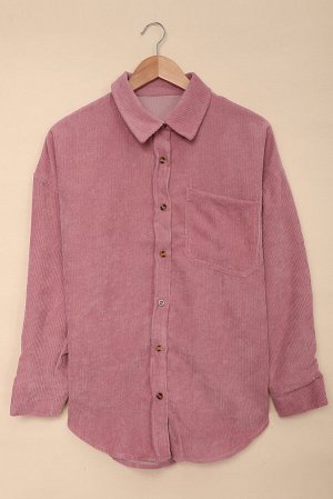 Розовая вельветовая рубашка с застежкой на пуговицах и нагрудным карманом