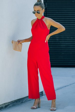 Красный комбинезон-халтер с широкими штанинами