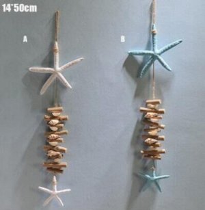 Подвеска Звезды морские с ракушками длина 54 см дерево цвет белый/голубой HS-6-15