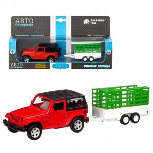 Машина металлическая Jeep Wrangler c белым прицепом для перевозки животных, 1:42,открываются двери, инерция