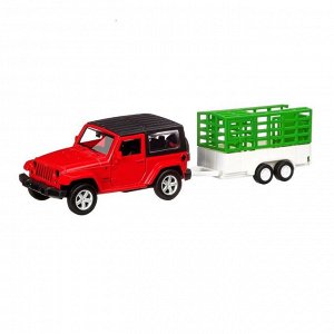 Машина металлическая Jeep Wrangler c белым прицепом для перевозки животных, 1:42,открываются двери, инерция