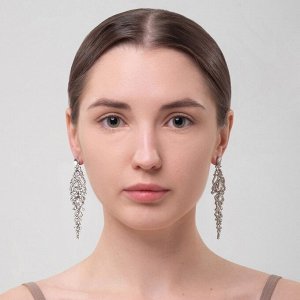 Серьги висячие со стразами «Ажур» лёд, белые в серебре, 8.3 см