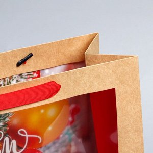 Пакет подарочный новогодний крафтовый с пластиковым окном «Happiness», 31 х 26 х 11 см
