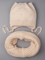 Шапка вязаная для девочки с ушками на завяках, стразы, бусинки + снуд в два оборота, бежевый