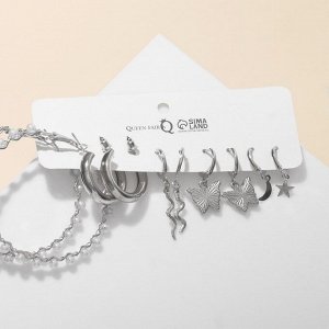 Серьги набор 5 пар «Леди» весна, цвет белый в серебре
