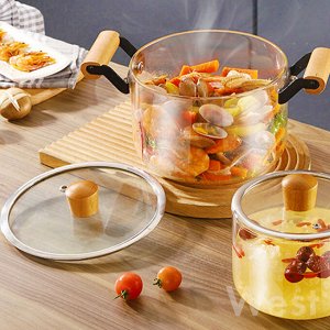 Стеклянная кастрюля &quot;Glass Pan&quot; с деревянной ручкой 4,5 л