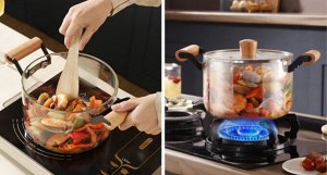 Стеклянная кастрюля &quot;Glass Pan&quot; с деревянной ручкой 5,5 л