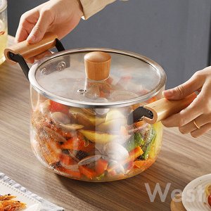 Стеклянная кастрюля "Glass Pan" с деревянной ручкой / 4,5 л