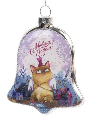 Новогоднее подвесное украшение Котик на Подарках из стекла / 7х1,5х8 см