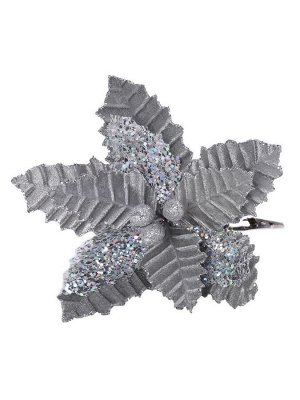 Новогоднее ёлочное украшение Серо-серебряный цветок из полиэстера с креплением на клипсе из черного металла / 25х25х20,5см