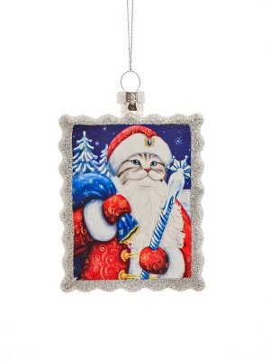 Новогоднее подвесное украшение Котик Дед Мороз из стекла / 2x6,8x9,3см