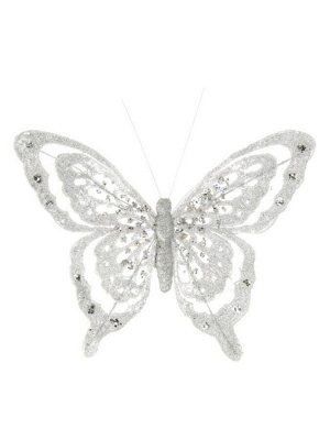 Новогоднее ёлочное украшение Бабочка в серебре из полиэстера, на клипсе из черного металла / 18x16x2см