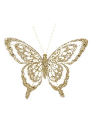 Новогоднее ёлочное украшение Бабочка в золоте из полиэстера, на клипсе из черного металла / 18x16x2см