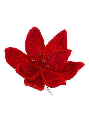 Новогоднее ёлочное украшение Цветок красный из полиэстера, на клипсе из черного металла / 17x29x29см