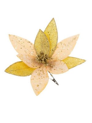 Новогоднее ёлочное украшение Цветок золотистый из полиэстера, на клипсе из черного металла / 14,5x30x30см