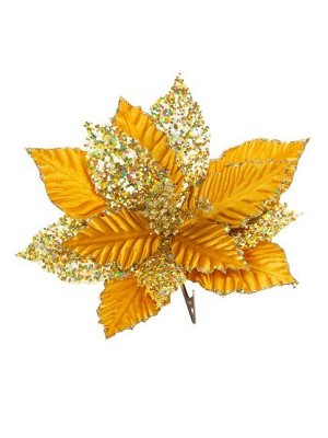 Новогоднее ёлочное украшение Цветок золотистый из полиэстера, на клипсе из черного металла / 18x32x32см