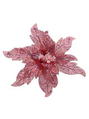 Новогоднее ёлочное украшение Цветок розовый блестящий из полиэстера, на клипсе из черного металла / 19x36x36см