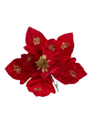 Новогоднее ёлочное украшение Цветок с блестками красный из полиэстера, на клипсе из черного металла / 17x27x27см