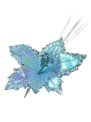 Новогоднее ёлочное украшение Лилия голубое сияние из полиэстера, на клипсе из черного металла / 33x33x33см
