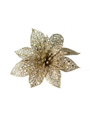 Новогоднее ёлочное украшение Цветок золотая сетка из ПВХ, на клипсе из черного металла / 13x13,5x13,5см