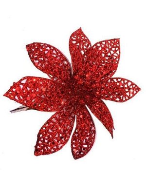 Новогоднее ёлочное украшение Цветок красная сетка из ПВХ, на клипсе из черного металла / 13x13,5x13,5см