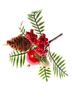 Новогоднее украшение ветка С красными шариками из ПВХ и пенопласта, с сосновой шишкой / 9×9×9см