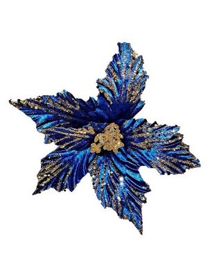 Новогоднее ёлочное украшение Синий с золотом цветок из полиэстера, на клипсе из черного металла / 19x27x27см
