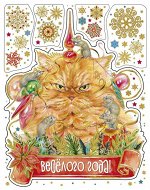 Новогоднее оконное украшение Котик из ПВХ пленки, декорировано глиттером (крепится к гладкой поверхности стекла посредством статического эффекта) с раскраской на картонной подложке / 30х38см